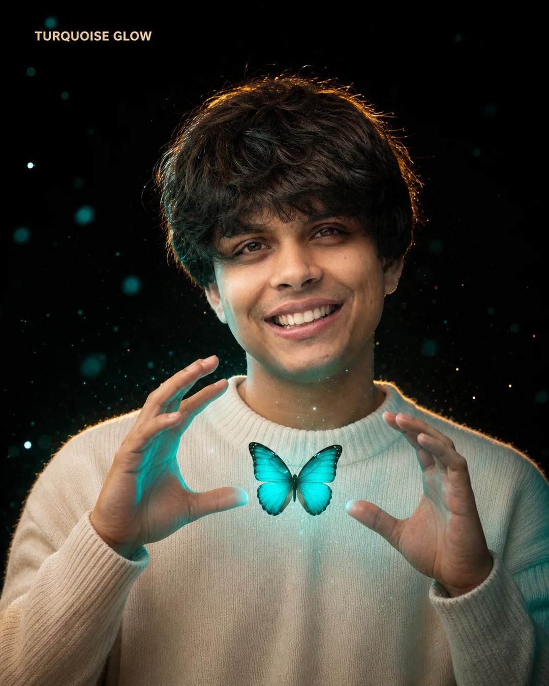 Turquoise Butterfly Cinematic Portrait Prompt, image 1