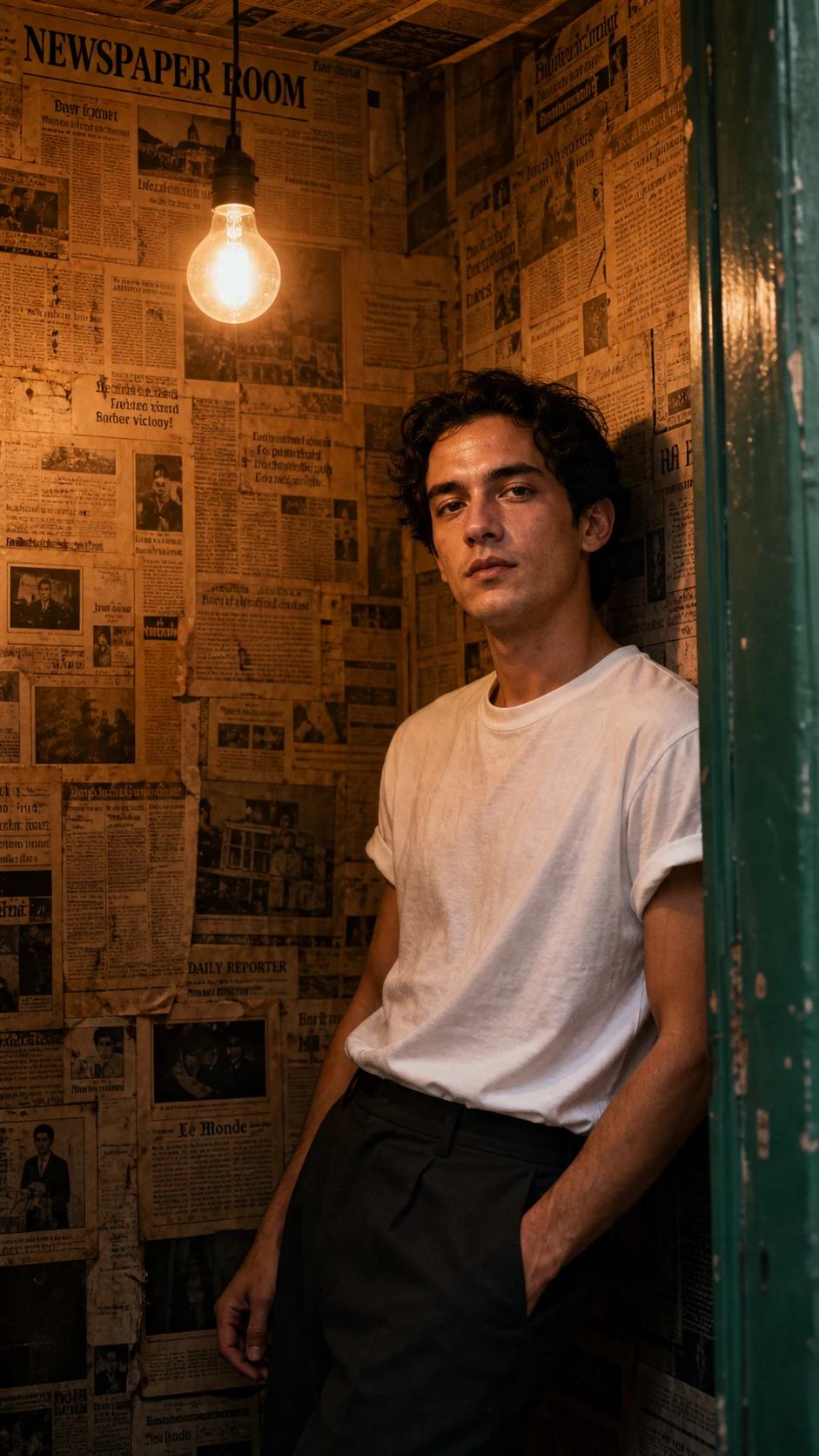 Newspaper-Walled Room Editorial Portrait Prompt, image 1