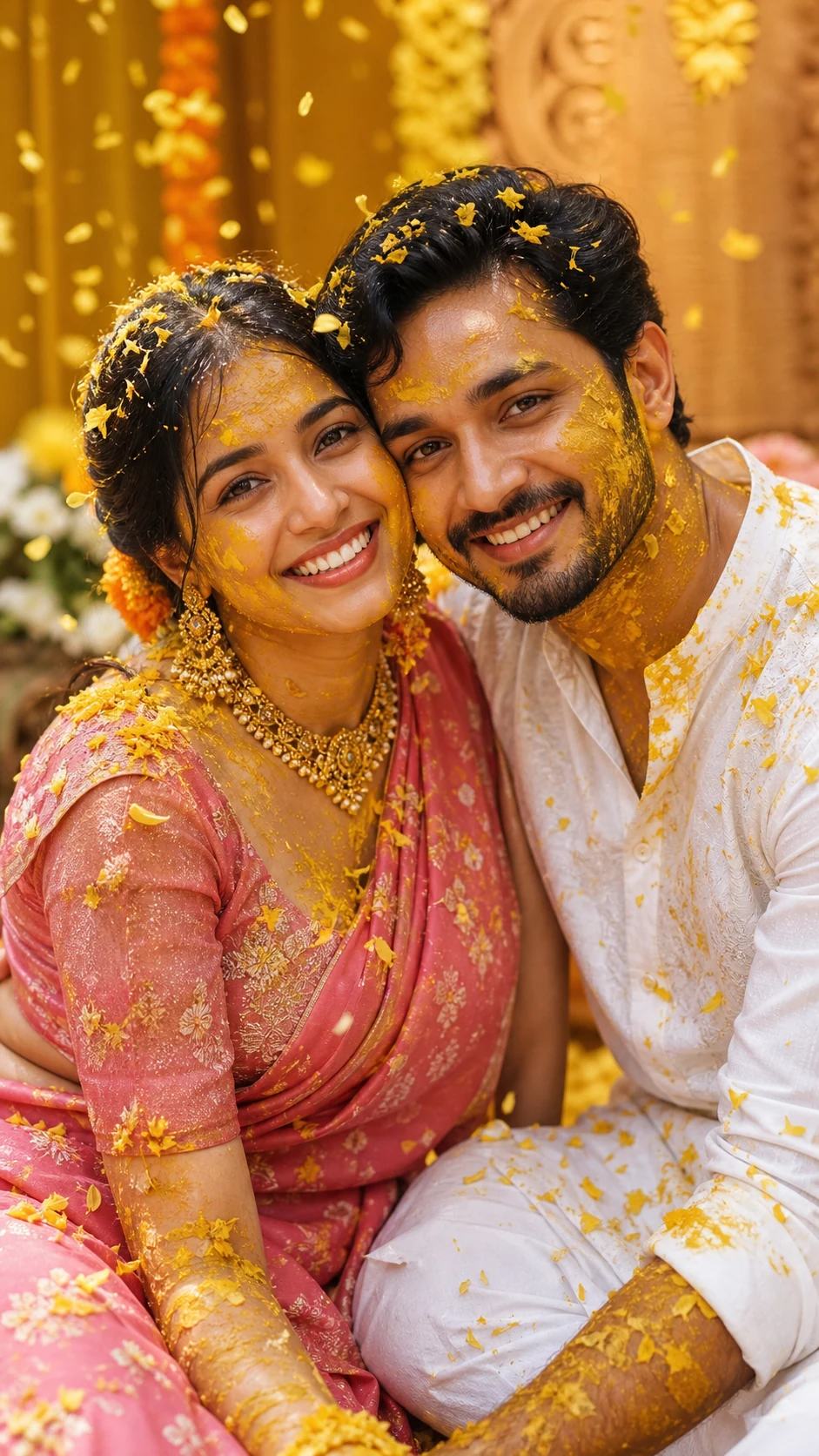 Dreamy Cheek-to-Cheek Haldi Couple Portrait Prompt, image 4