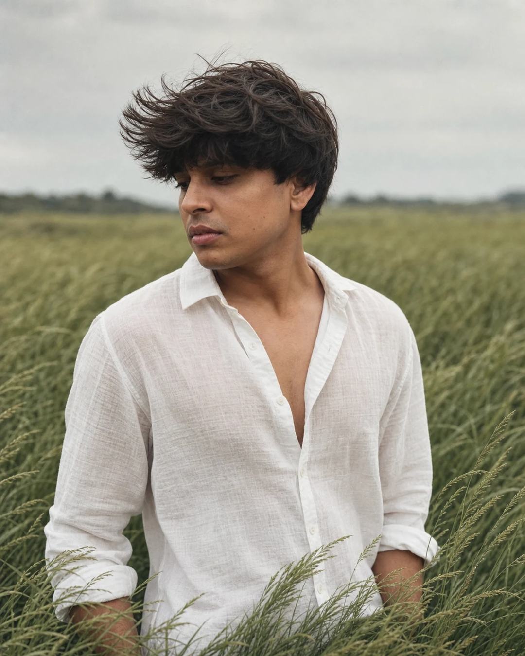 Windy Green Field White Linen Portrait Prompt, image 1
