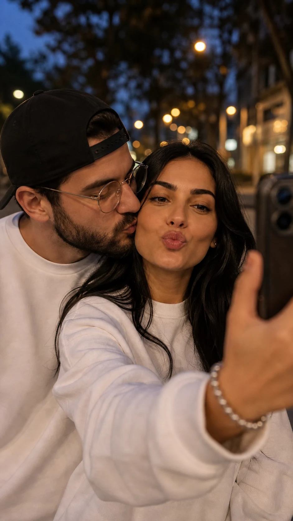Candid Dusk Cheek-Kiss Couple Selfie Photo Prompt, image 2