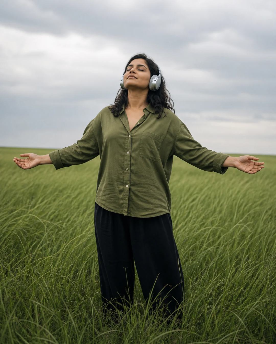 Green Field Headphones Arms Outstretched Photo Prompt, image 3