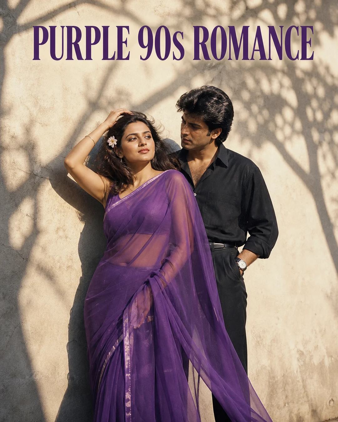 Retro Purple Chiffon Saree Couple Photo Prompt — image 1