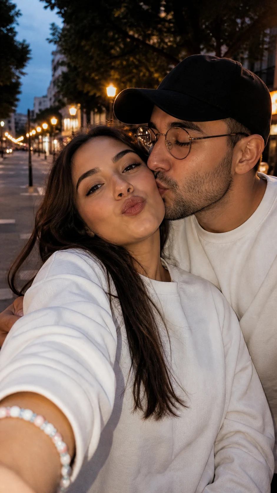 Candid Dusk Cheek-Kiss Couple Selfie Photo Prompt, image 4