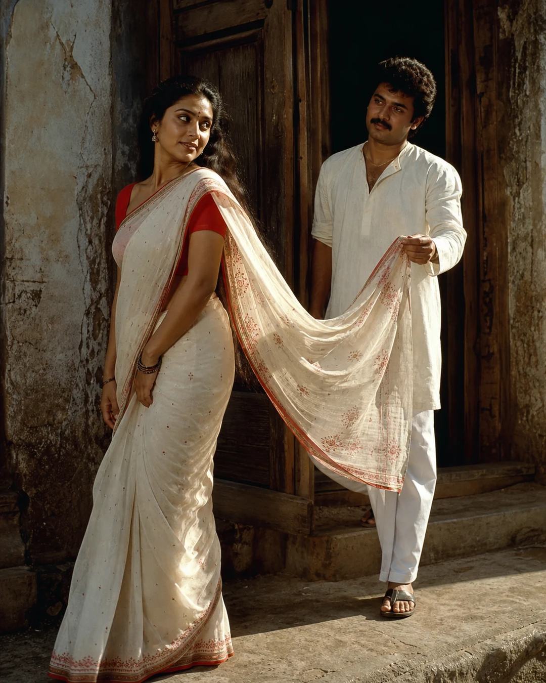 Retro Off-White Saree Romantic Couple Photo Prompt — image 4