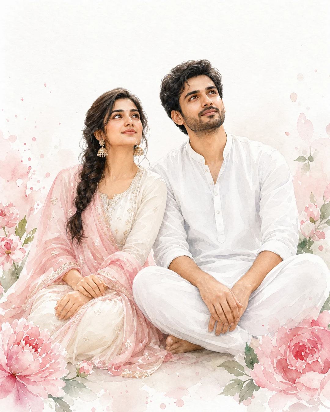 Dreamy Indian Couple Watercolor Portrait AI Prompt — image 2