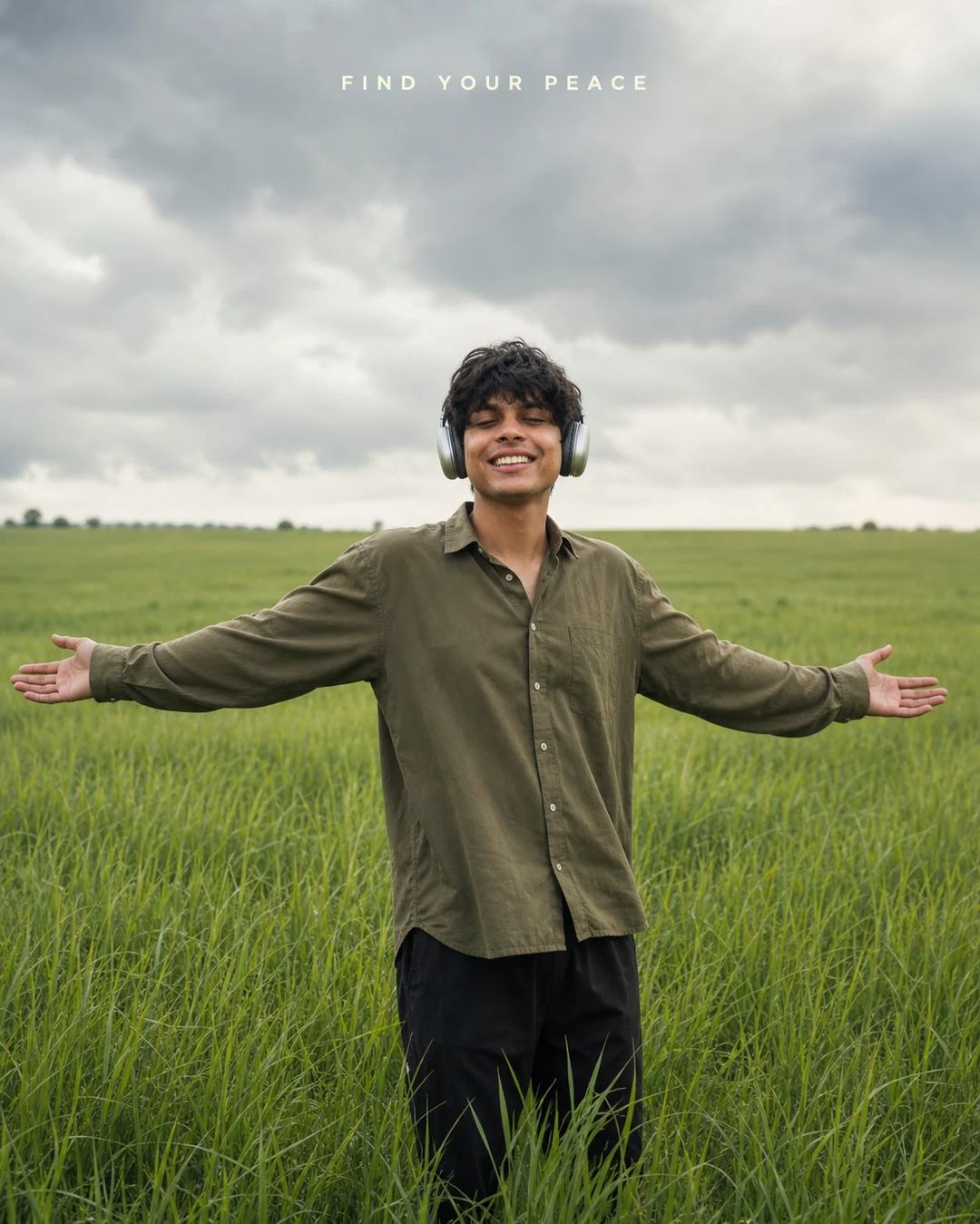 Green Field Headphones Arms Outstretched Photo Prompt, image 1