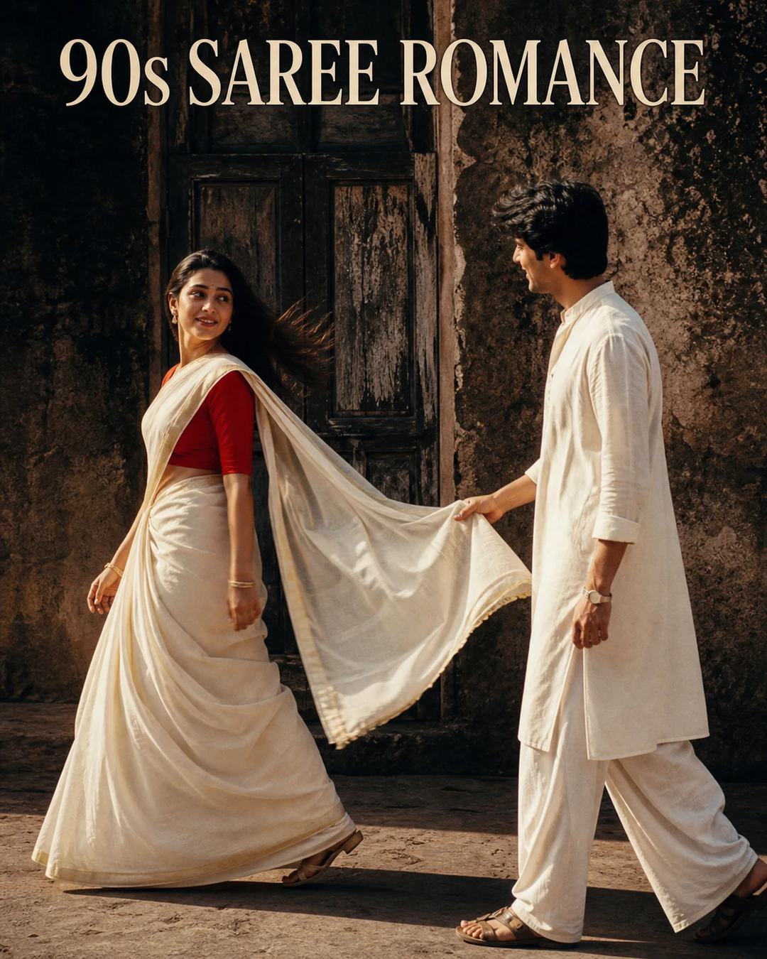 Retro Off-White Saree Romantic Couple Photo Prompt — image 1