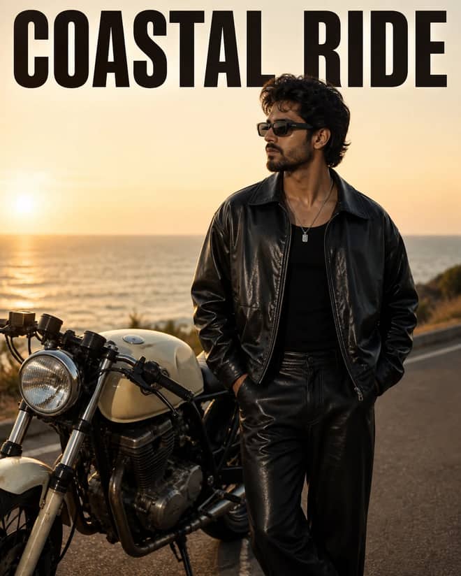 Coastal Motorcycle Golden Hour Fashion Prompt