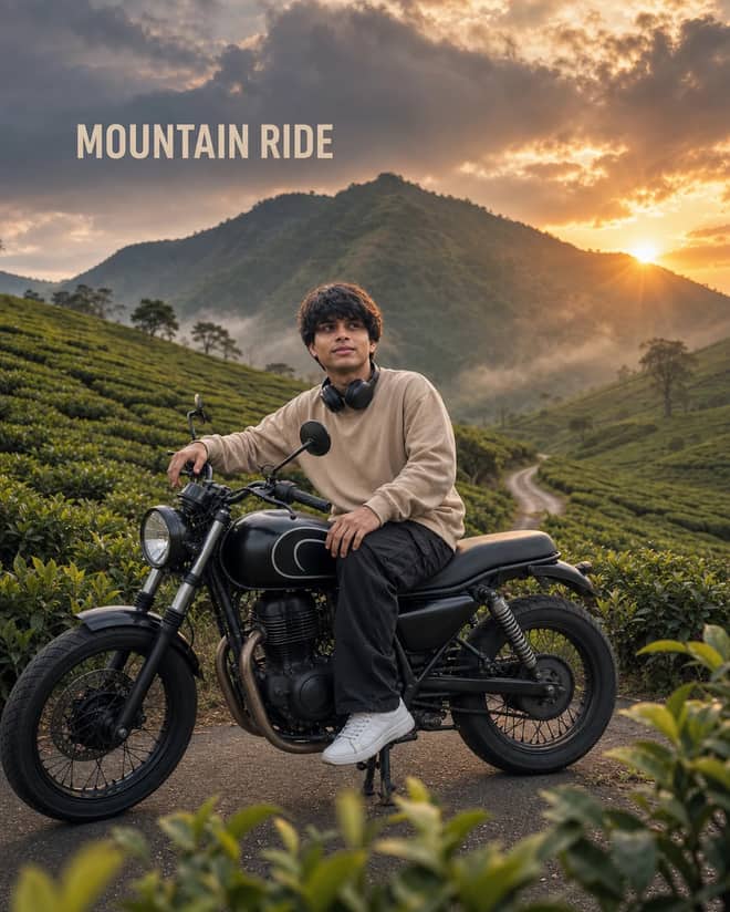 Mountain Motorcycle Cinematic Travel Portrait Prompt