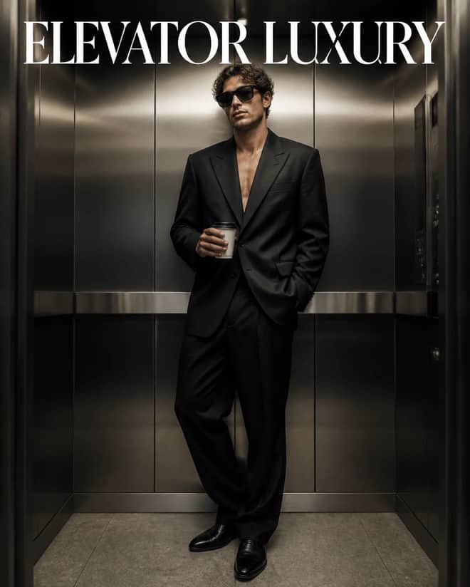 Luxury Elevator Black Suit Fashion Photo Prompt
