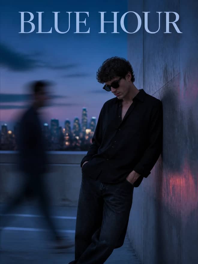 Blue Hour Rooftop Editorial Portrait Photo Prompt