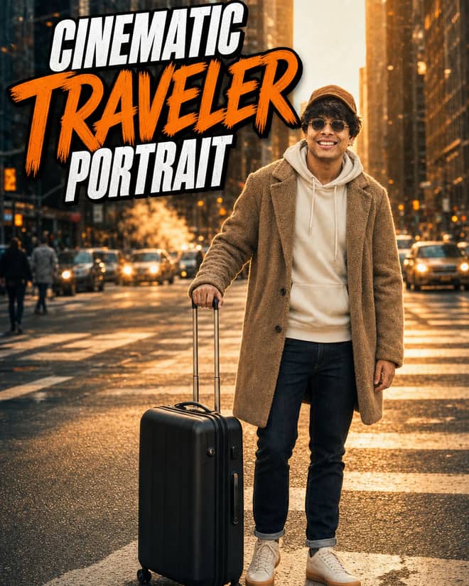 Cinematic Golden-Hour Traveler Street Portrait Prompt
