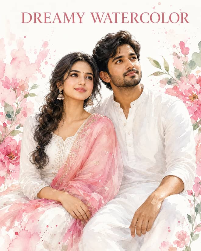 Dreamy Indian Couple Watercolor Portrait AI Prompt