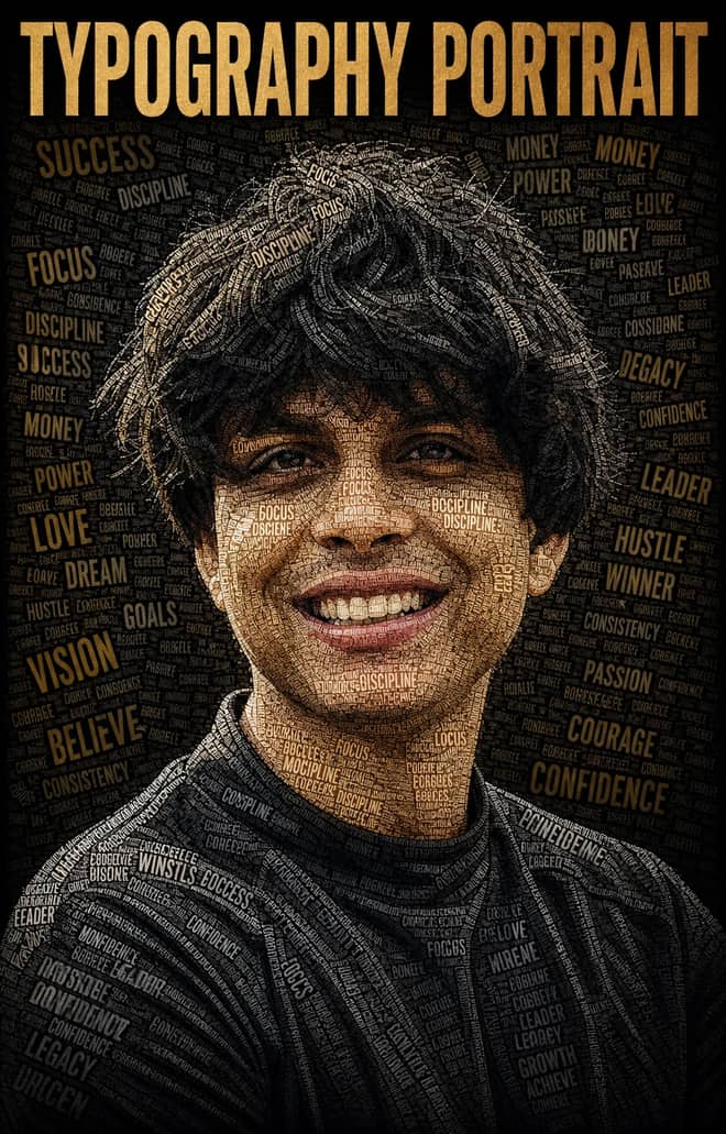 Ultra-Realistic Typography Word Collage Portrait Prompt