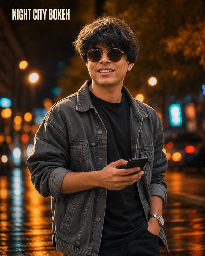 Night City Street Bokeh Portrait Photo Prompt
