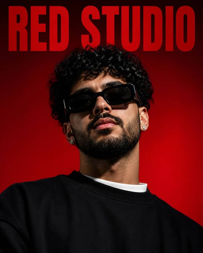 Red Studio Curly Hair Fashion Editorial Portrait Prompt