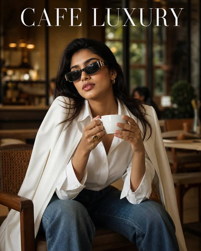 Luxury Cafe White Blazer Woman Portrait Prompt