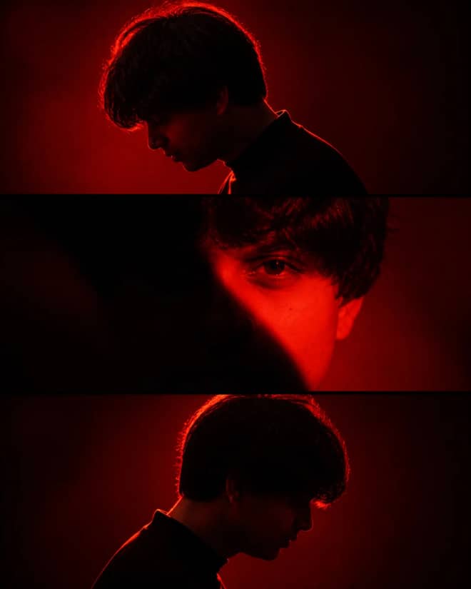 Crimson Three-Panel Portrait Collage AI Prompt