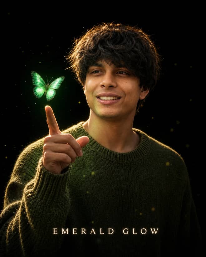Emerald Green Butterfly Cinematic Portrait Prompt