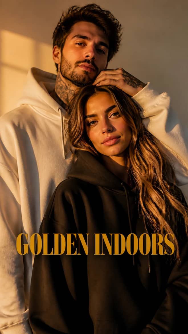 Warm Golden-Hour Indoor Couple Portrait Photo Prompt