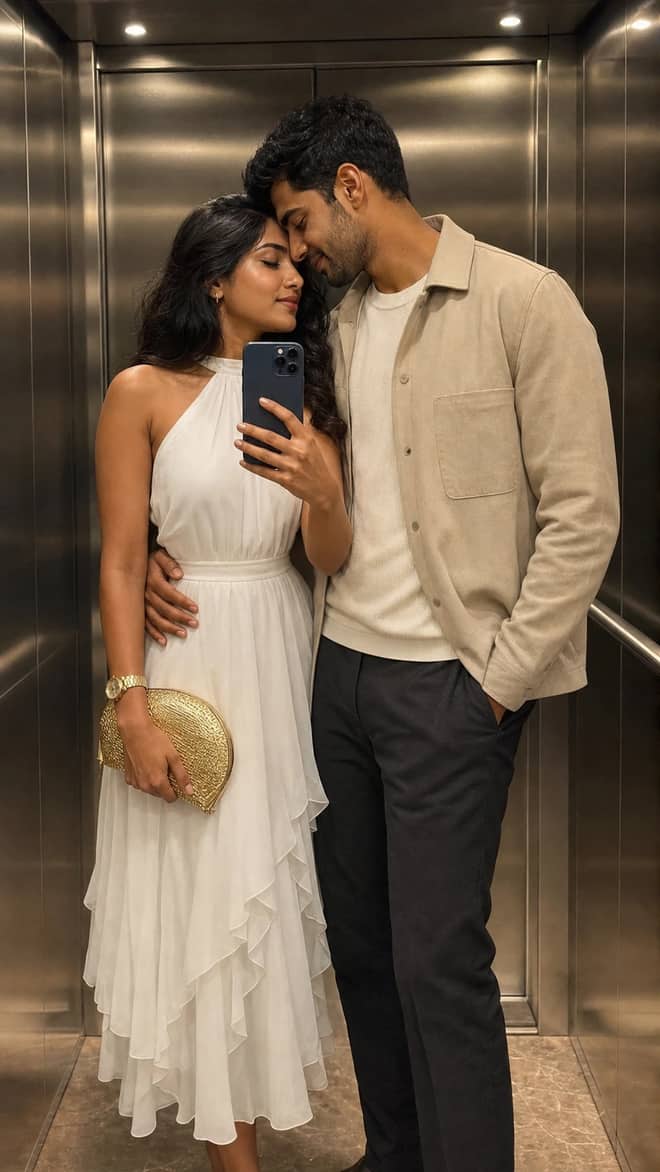 Gemini AI Couple Elevator Mirror Selfie Editing Prompt