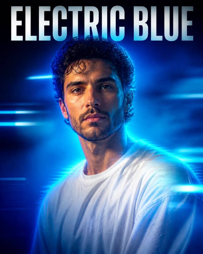 Electric Blue Futuristic White Shirt Portrait Prompt