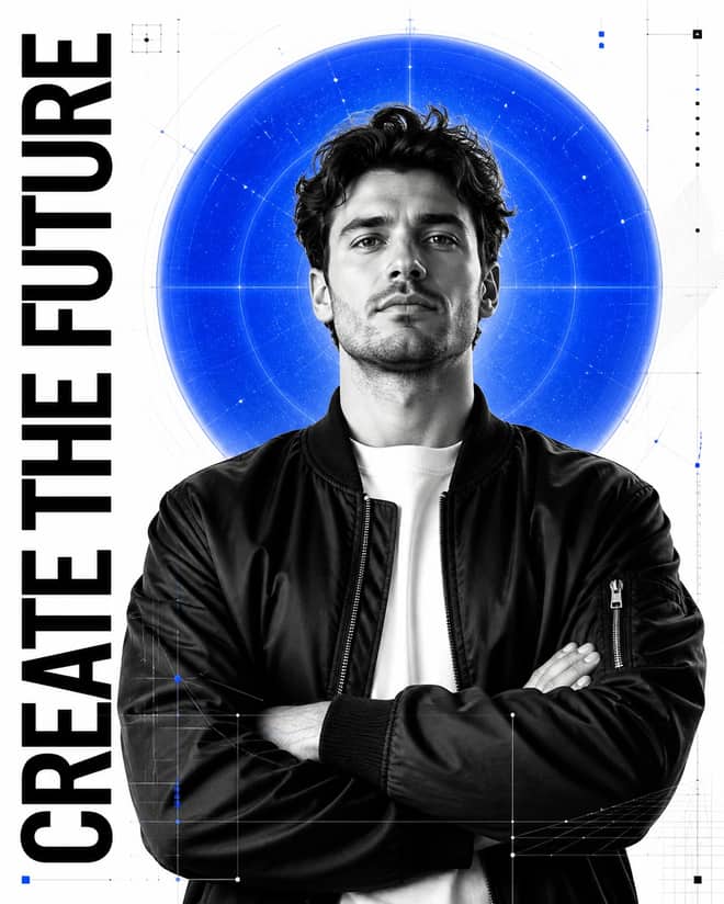 Electric Blue Innovator Editorial Poster Design Prompt