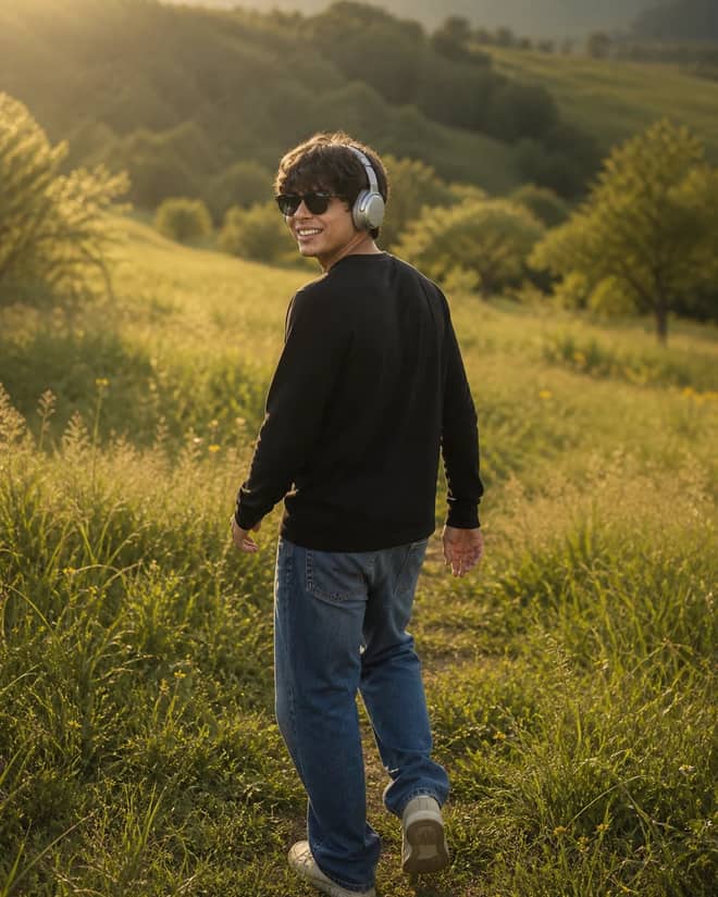 Golden Hour Meadow Headphones Walking Photo Prompt