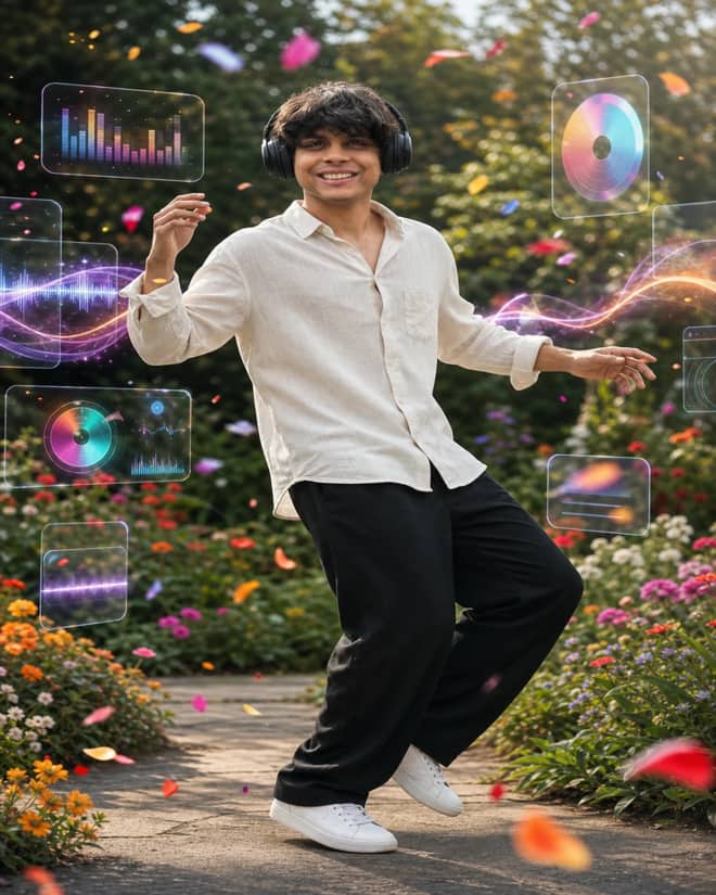 Mid-Dance Music Garden Editorial Portrait AI Prompt