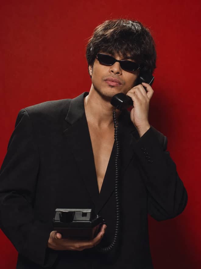 Retro Red Telephone Fashion Portrait AI Prompt
