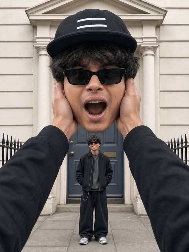 Giant Selfie Head and Hands Scale Effect AI Prompt