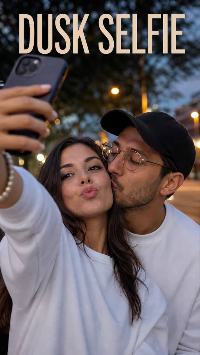 Candid Dusk Cheek-Kiss Couple Selfie Photo Prompt
