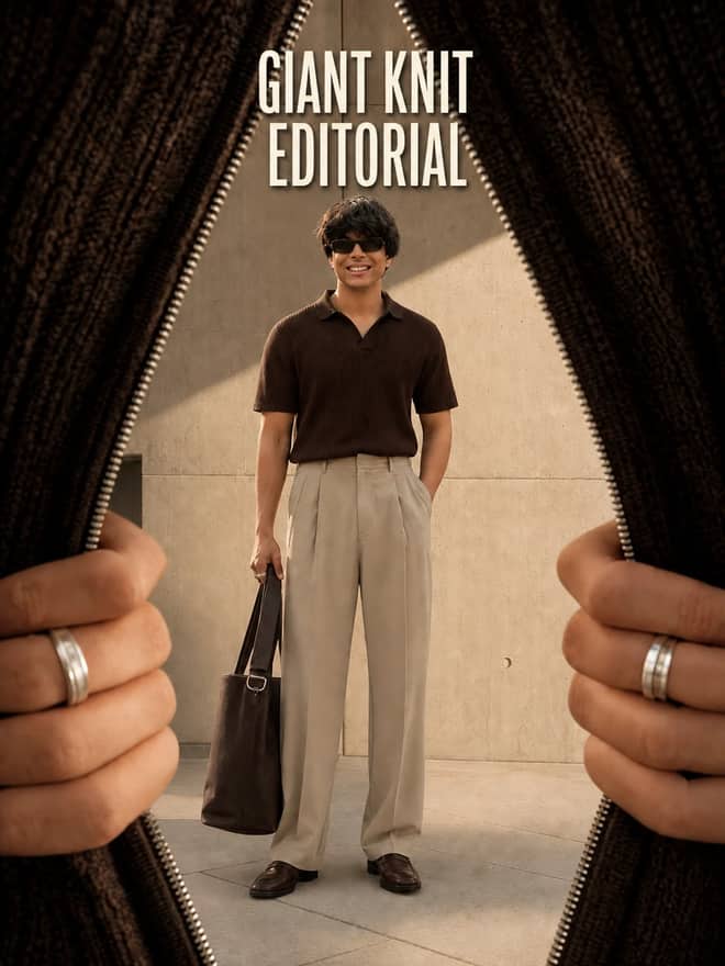 Giant Knitted Cardigan Fashion Editorial Prompt