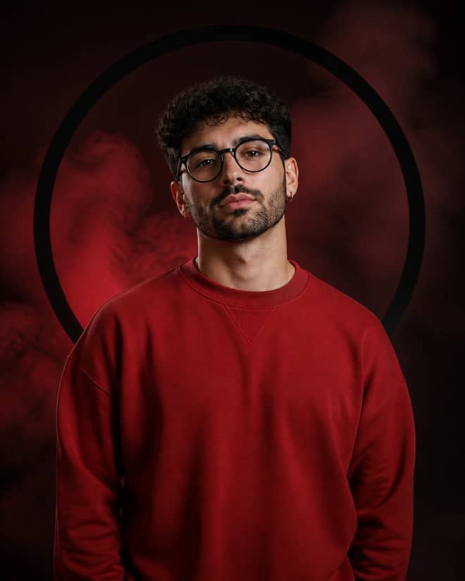 Red Rim Light Black Suit Cinematic Portrait Prompt