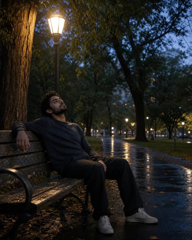 Quiet Park Bench Blue Hour Portrait Photo Prompt