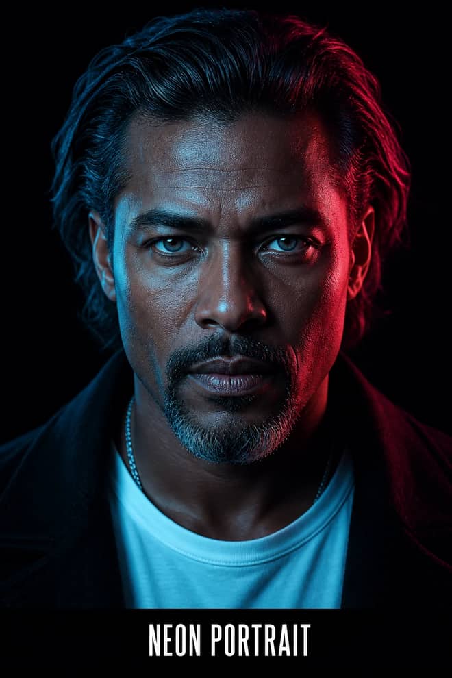 Cinematic Neon Male Studio Portrait Photography Prompt