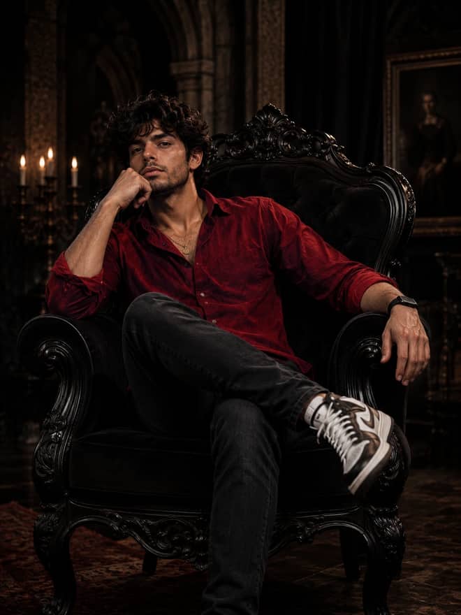 Red Shirt Baroque Portrait – Gemini AI Photo Prompt