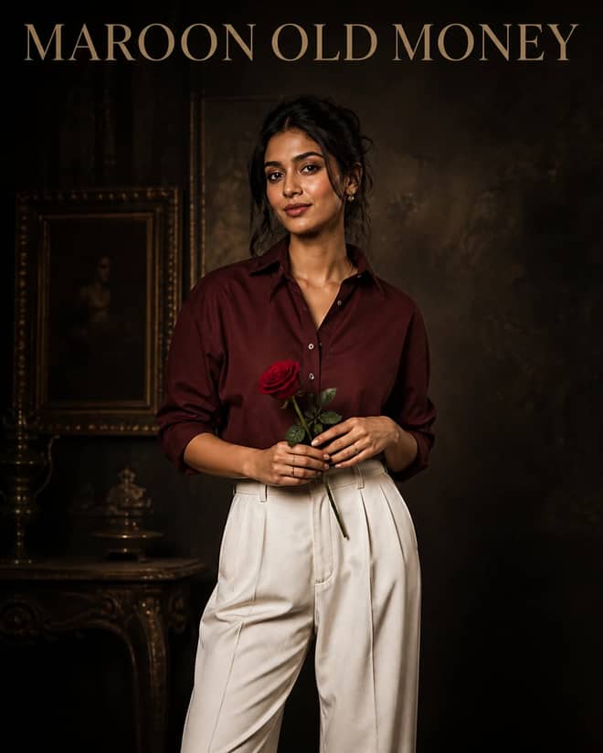 Maroon Old Money Indian Woman Portrait Prompt
