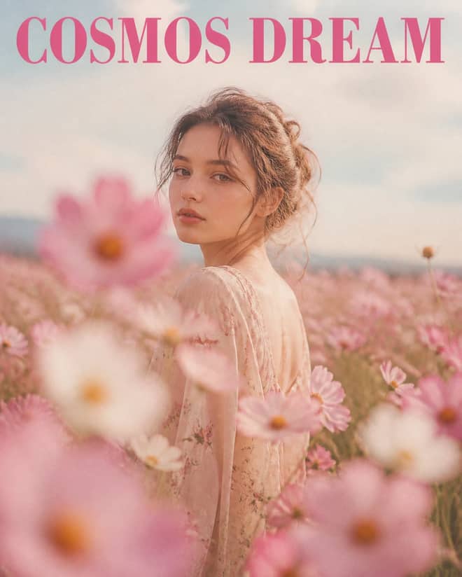 Dreamy Cosmos Flower Field Cinematic Portrait Prompt