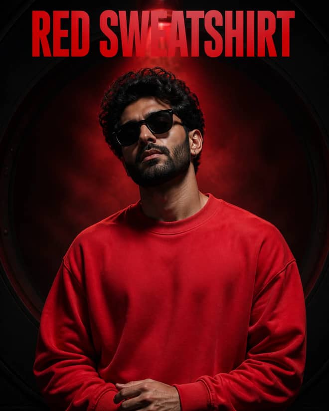 Red Sweatshirt Cinematic Studio Portrait Prompt