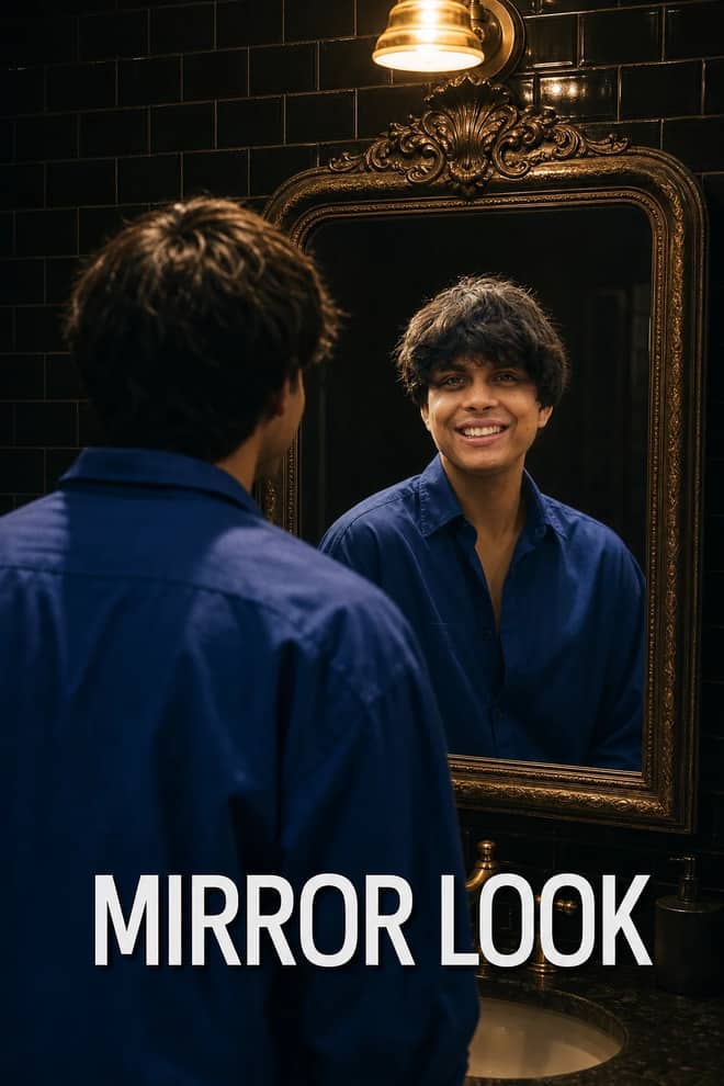 Cinematic Bathroom Mirror Over-Shoulder Portrait Prompt