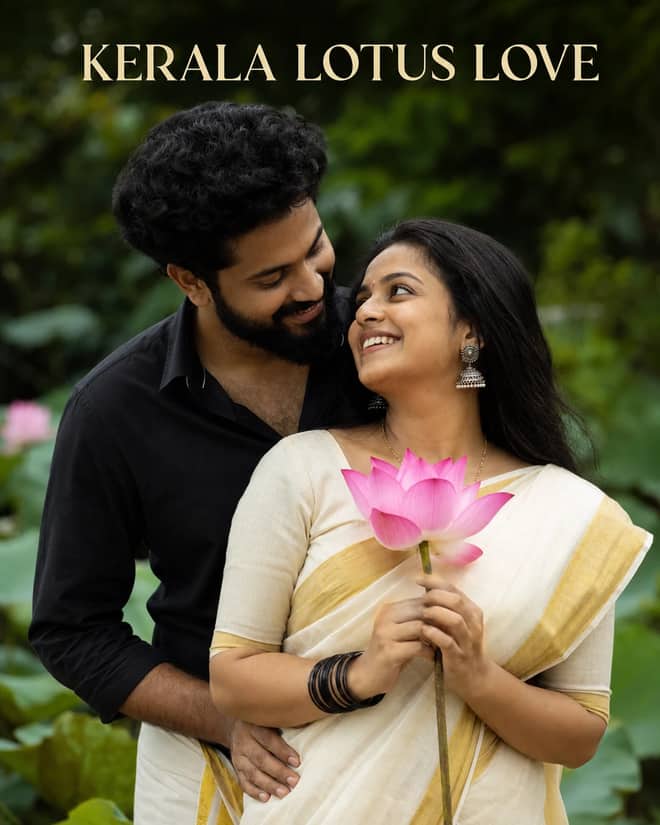 Kerala Saree Lotus Romantic Couple Portrait Prompt