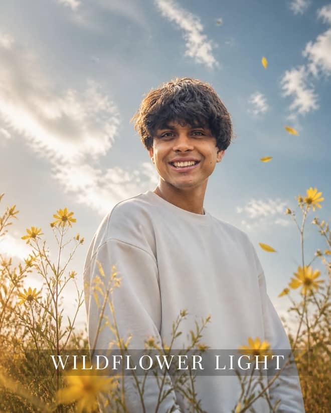 Wildflower Low-Angle Cinematic Portrait Prompt