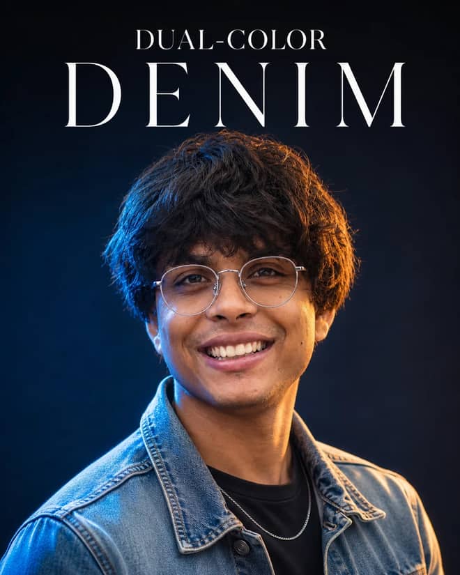 Dual-Color Denim Editorial Portrait AI Image Prompt