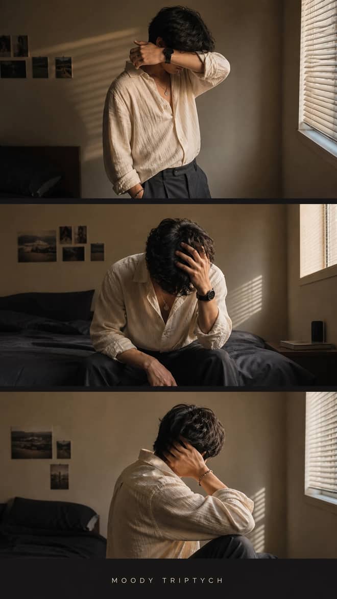 Three-Frame Moody Bedroom Fashion Triptych Prompt