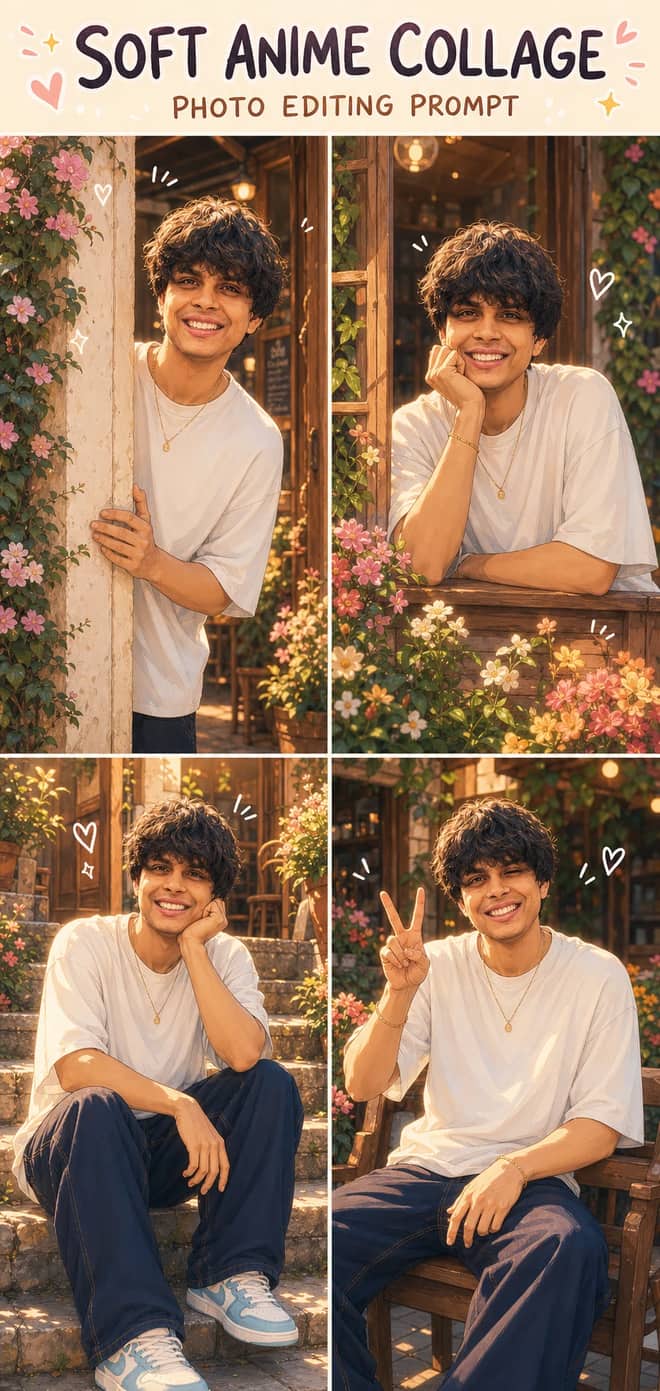 Soft Anime 4-Panel Collage Photo Editing Prompt