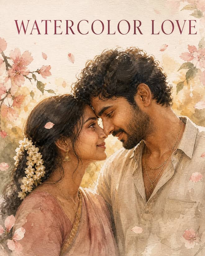 Intimate Romantic Watercolor Couple Portrait AI Prompt