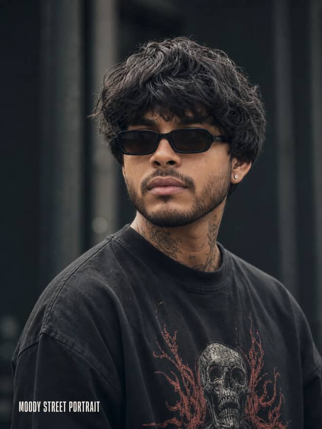 Cinematic Moody Neck Tattoo Graphic Tee Portrait Prompt