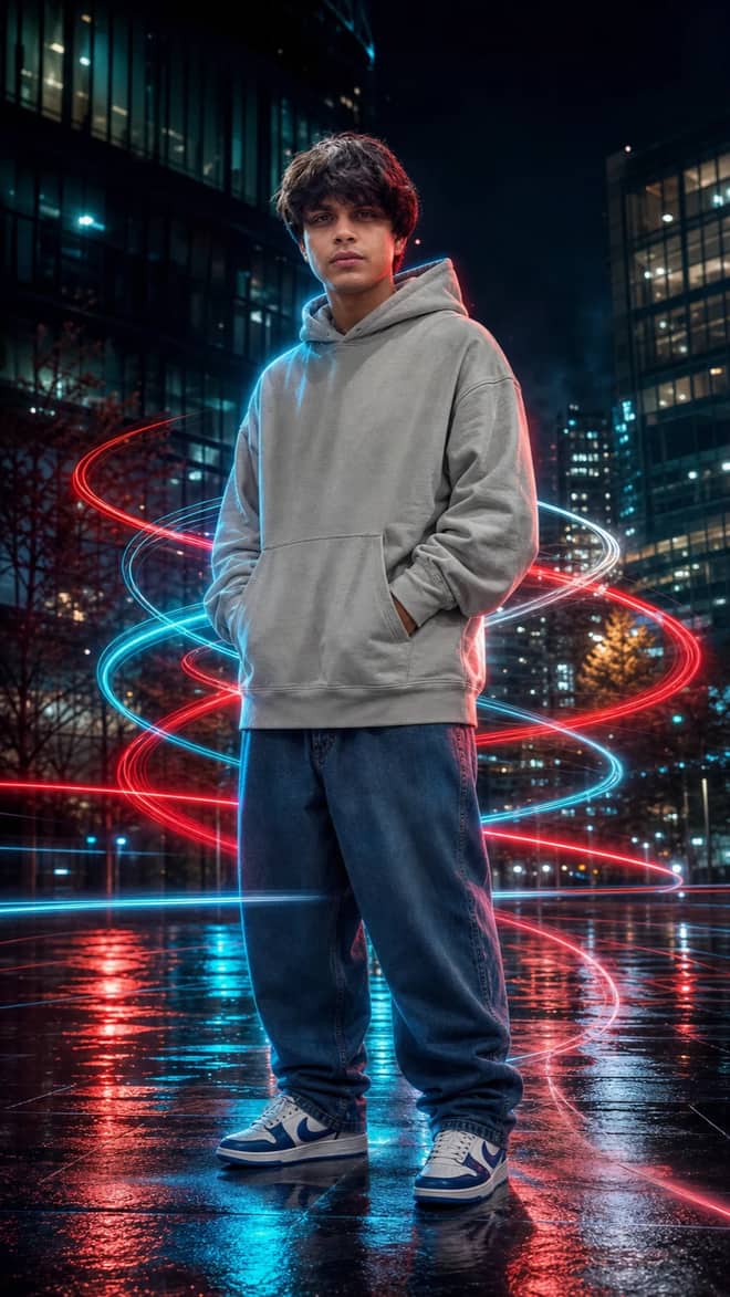 Cyberpunk Night City Light Trails Fashion Photo Prompt